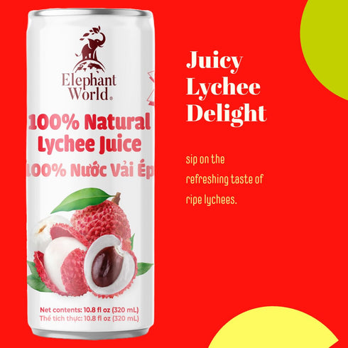 ELEPHANT WORLD 100% 10.8 oz (Pack 12), Natural Lychee Juice | NON GMO | of Lychee
