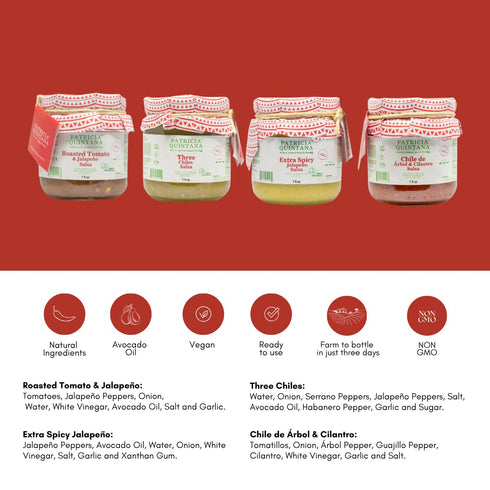 Pack (4 Patricia Quintana Authentic Mexican Salsa Sampler - Enjoy Roasted Tomato & Jalapeo, Extra Spicy Jalapeo, Chile
