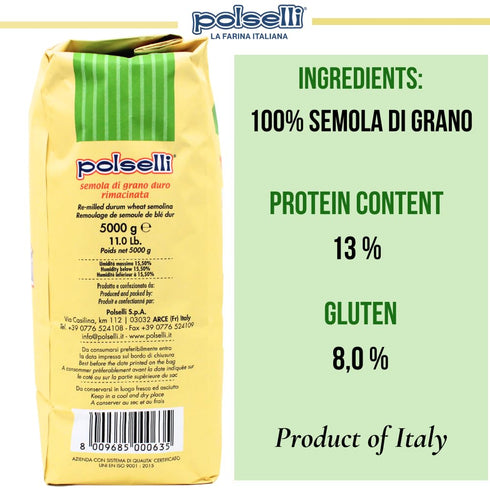 11 lbs (5 POLSELLI Italian Semola Flour, kg), Fine Ground Semolina Rimachinata for Fresh Pasta, Bread, Durum Wheat