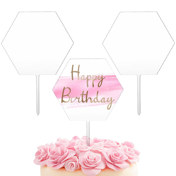 Yalikop 2 Pieces Acrylic Cake Topper Blank Clear DIY for Custom Wedding Birthday Festival Party, Hexagon Style