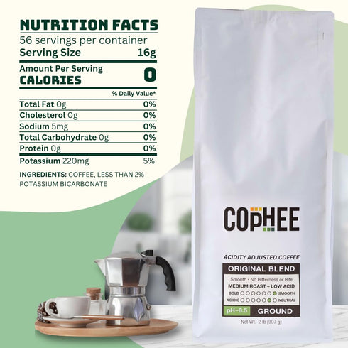 COpHEE Pack 6.5 32 oz Low Acid Coffee Original Blend Bulk Ground Medium Roast Smooth Non-GMO Arabica Coffee Electrolyte