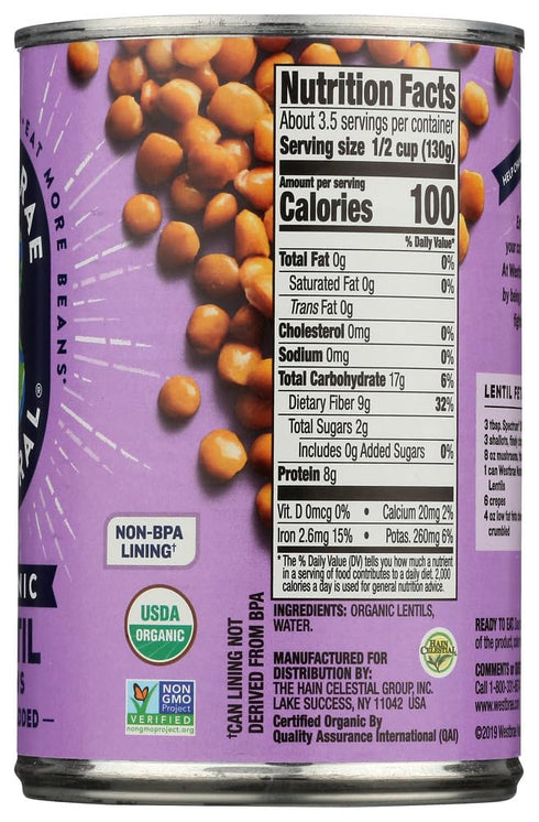 15 Oz (Pack 6) Westbrae Foods Lentil Beans Fat Free
