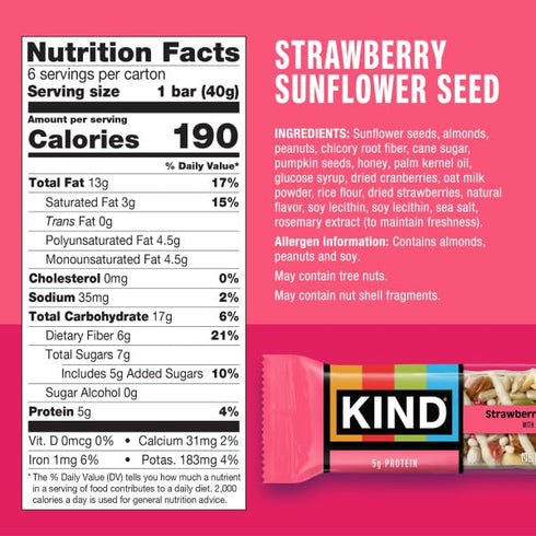 5g 6 Count KIND Healthy Snacks Bars, Strawberry Sunflower Seed, Gluten Free, High Fiber Snacks, Protein