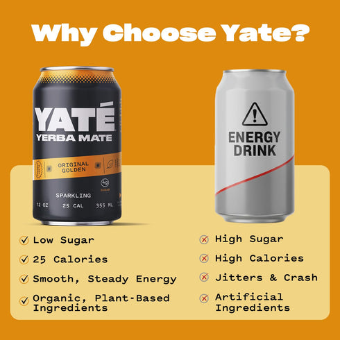 25 12 Pack Yate Sparkling Yerba Mate - Original Golden Organic Yerba Mate Drink with Low Sugar & Calories for Daily