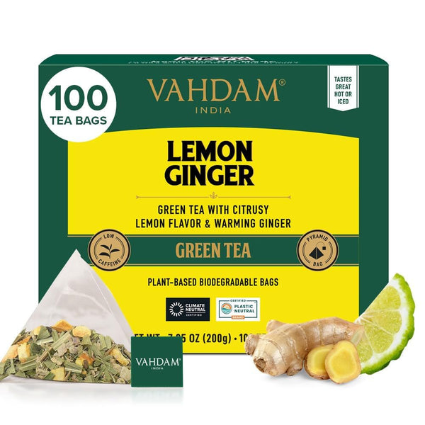 VAHDAM, Lemon Ginger Tea Bags (100 Green Tea Bags) Low Caffeine |