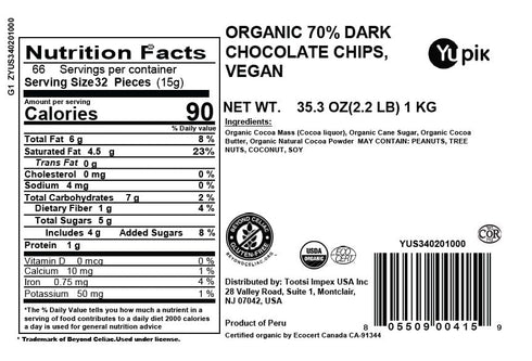 70% 2.2 lb (35.2 oz), Yupik Organic Dark Chocolate Chips, Cacao, Gluten-Free, GMO-Free, Kosher, Vegan, Dairy-Free