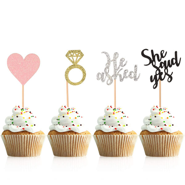 Donoter 48 Pcs He Asked She Said Yes Cupcake Toppers, Diamond Ring Heart Cake Picks for Wedding Party