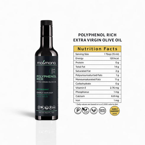 100% 500 mL (16.9 Masmana High-Polyphenol Extra Virgin Olive Oil Early Harvest & Cold Pressed, Polyphenol-Rich EVOO