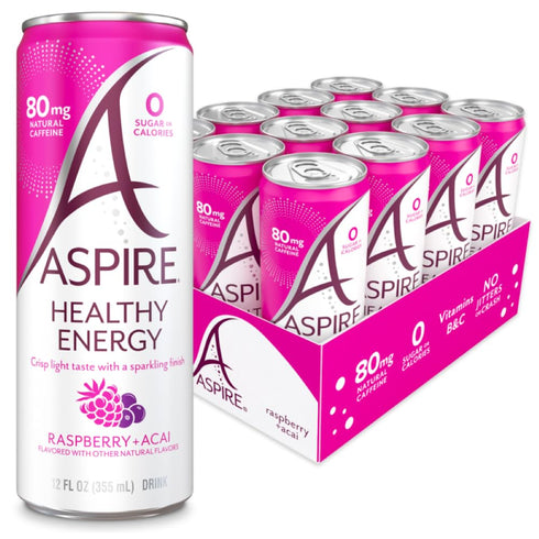 ASPIRE Raspberry Acai, Healthy Energy Drink 80mg Natural Caffeine, Zero Sugar No