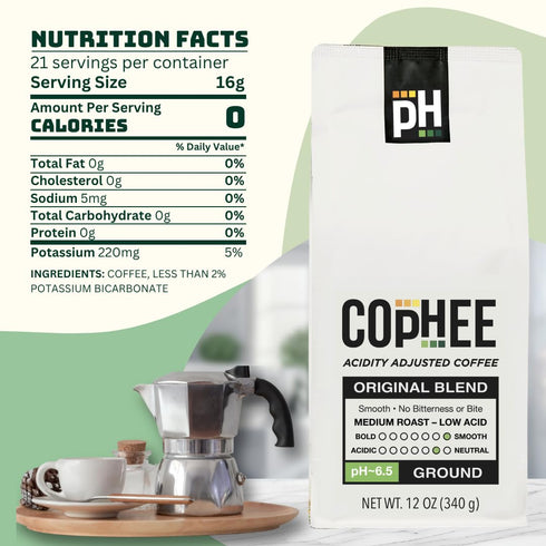 COpHEE 100% 12 oz Low Acid Coffee Medium Roast Ground Smooth Arabica, Non-GMO pH Balanced Coffee for Sensitive