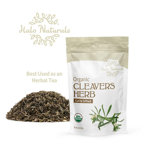 Halo Naturals 4 Packaged Organic Cleavers Herb Cut & Sifted, Ounces (Galium aparine) USDA Certified | Resealable Pouch|