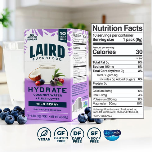 10 0g Laird Superfood Hydrate Coconut Water Electrolyte Drink Mix Wild Berry, Single Serve Sticks Added Sugar No
