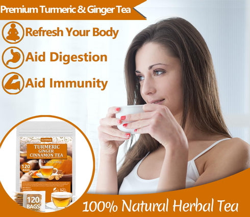 120 100% Premium Turmeric, Ginger, Cinnamon Blend Tea Bags, Natural & No Additives & Caffeine Free.