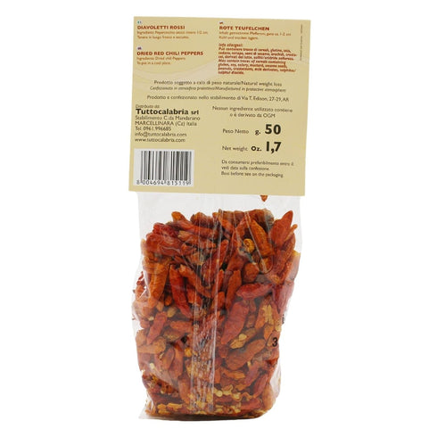 TUTTOCALABRIA Calabrian Diavoletti Rossi, Small Dried Spicy Hot Chili Peppers, 50g, All Natural