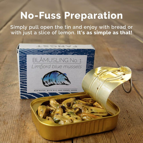 1 3 110g Fangst Blamuslinger No. | Tinned Limfjord Blue Mussels Marinated with Dill and Fennel Seeds in Cold Pressed