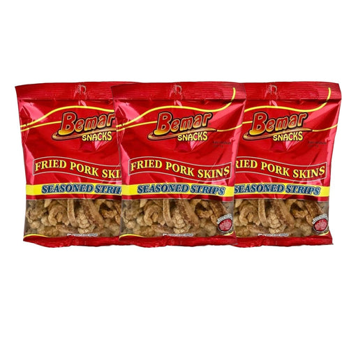 Bemar Snacks Fried Pork Skins Seasoned Strips 3 bags/3oz per bag