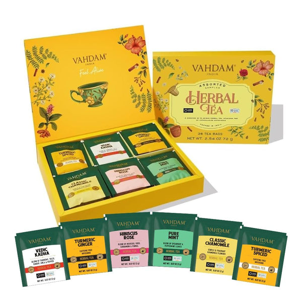 VAHDAM, Assorted Herbal Tea Variety Pack (6 Variants, 36 Tea Bags) Caffeine