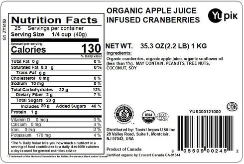 2.2 lb (35.2 oz), Yupik Organic Cranberries, Apple Juice Infused, Non-GMO, Gluten-Free, Vegan, Kosher, Dried Fruits, No