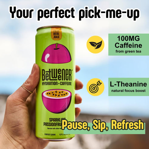 100mg 45 Pack (12 Pack) Betweener Sparkling Energy Seltzer, Sparkling Water w/Real Juice & Caffeine, Light