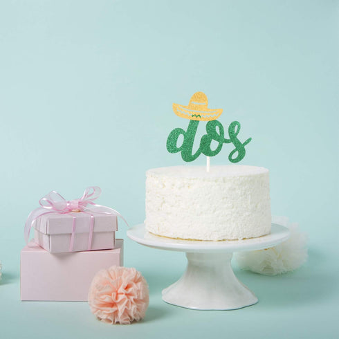 Dos Cake Topper Handmade Green Double Side Glitter Fiesta Party Decoration Supplies for Second Birthday