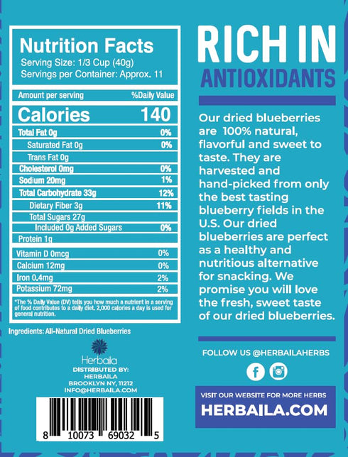 1 16 oz. Herbaila Whole Dried Blueberries, No Sugar Added, Bulk, Dehydrated, Dried Unsweetened Blueberries, All