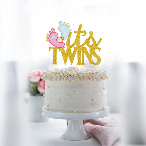 LHCING 1st It's Twins Gender Reveal Cake Topper - Baby Birthday Loveable Gold Glitter Footprints Cake Topper - Gender