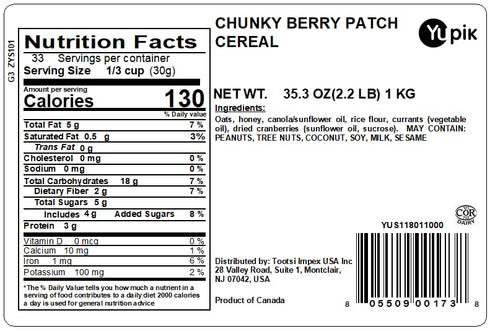 2.2 lb, (Pack 1) Yupik Granola Cereal, Chunky Berry Patch, a granola mix of oats, currants, cranberries, and honey