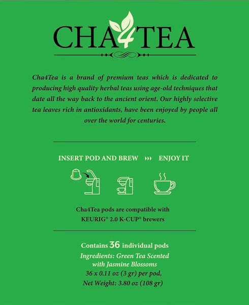Cha4TEA 36-Count Jasmine Green Tea Pods Compatible with Keurig K-Cups Brewers