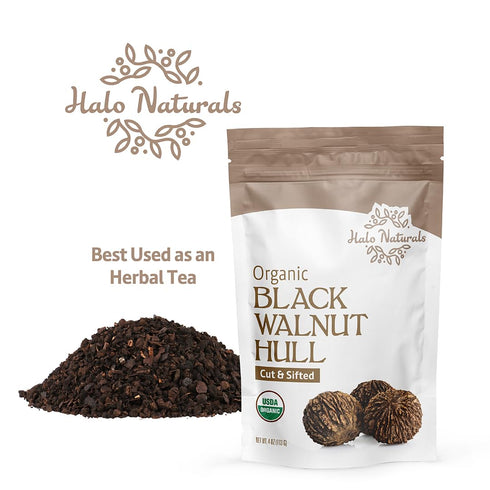 Halo Naturals 4 Packaged Organic Black Walnut Hull Cut & Sifted, Ounces (Juglans nigra) USDA Certified | Resealable