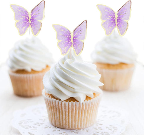 Set of 66 Pack Mixed Size & Colour Purple Gold Cupcake Toppers 3D Butterfly Cake Picks with Dot Glue for Party