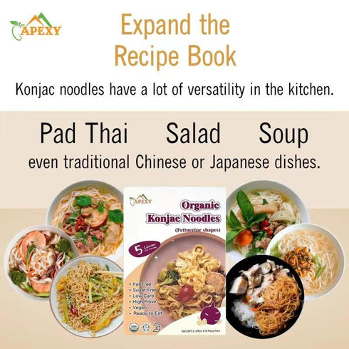 APEXY 42.24oz 8 Organic Shirataki Konjac Noodle with Organic Oat Flour Pouches Inside Healthy Diet, Low Calorie