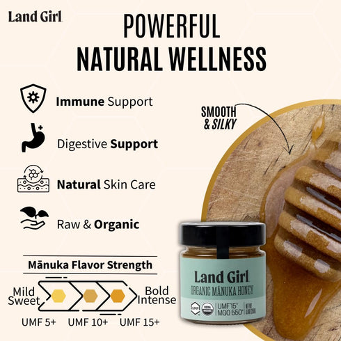 Land Girl 15+, 550+, 8.8 oz Organics New Zealand Raw Premium Manuka Honey | Monofloral, USDA Certified Organic