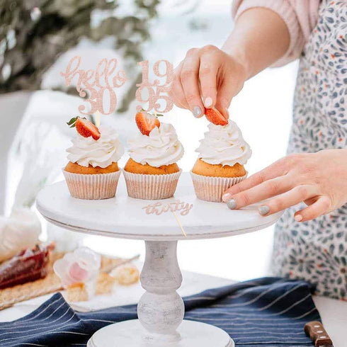 24 Pcs Rose Gold Glitter Cupcake Toppers for 30th Birthday, 30th Anniversary, Wedding Party Decorations