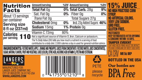 101.4 Oz (Pack 4) Langers Fruit Punch Juice Cocktail, Fl