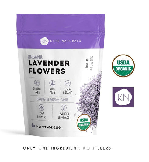 Kate Naturals Dried Lavender Flowers for Tea, Syrup, Lemonade, Soap Making - Edible Culinary Grade Buds (4oz, Organic,