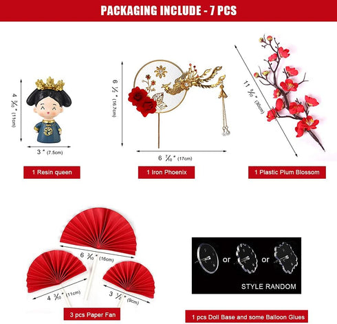 Traditional Chinese Wedding Cake Toppers, Set of 7 with Queen Figurine, Plum Blossom, Phoenix, and Doll Base