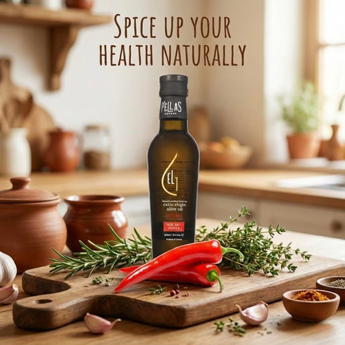 250 ml (8.5 oz.) Pellas Nature, Organic Red Pepper Infused Greek Extra Virgin Olive Oil, Award Winning, Finishing Oil
