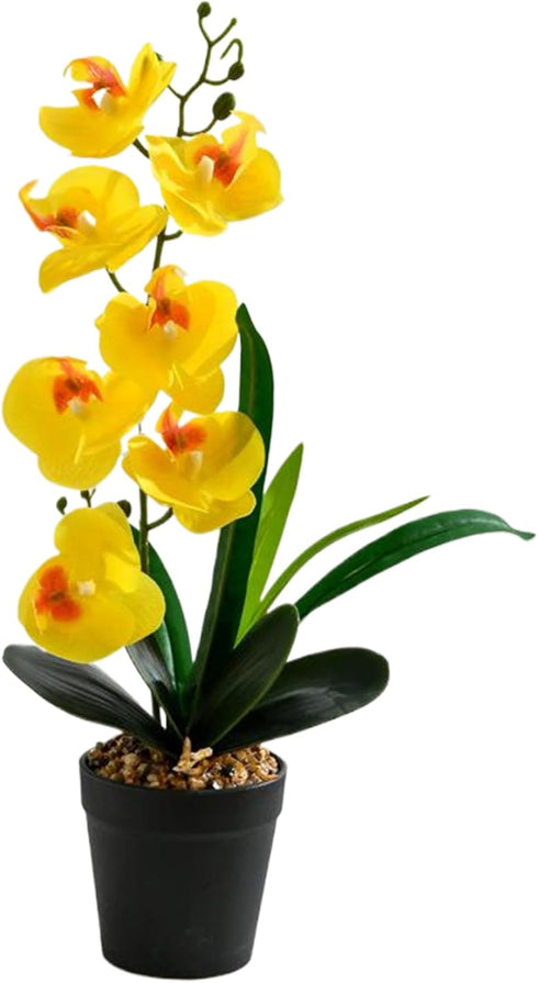 Peosaard 17 Inch 7 4 Orchid Plant, Orchid in Pot Realistic Yellow Faux with Flower Head & Leaf Real Touch Decorative