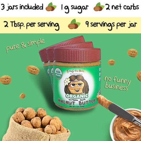 9 Oz, 3-Pack Crazy Go Nuts Organic Walnut Butter with Sea Salt - Walnut Butter Organic, Walnut Spread, Keto, Vegan, Low