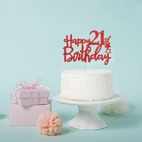 Red Glitter Happy 21st Birthday Cake Topper - 21Sign Cake Topper, Cheers to 21 Years Party Supplies