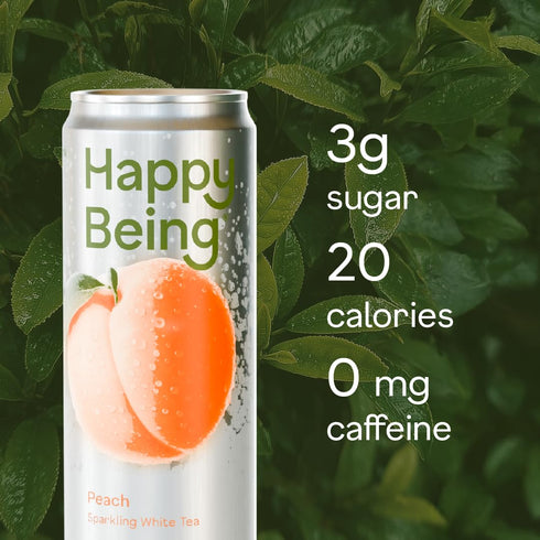 12oz (4 Pack) Happy Being Peach Sparkling White Tea Antioxidant & Polyphenol Rich, Infused with Turmeric, Elderberry