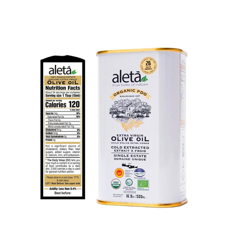 Aleta 16.9 Oz (Pack 1) Farms Olive Oil Extra Virgin, USDA Organic, Single Estate PDO Polyphenol Rich Olive Oil, Cold