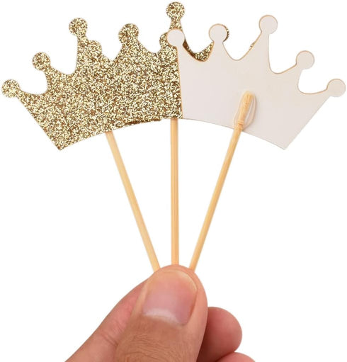 Crown Cupcake Toppers 48 Pcs, Light Gold Glittery Princess Cake Picks for Baby Shower and Birthday