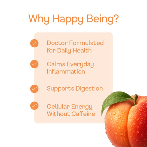 12oz (4 Pack) Happy Being Peach Sparkling White Tea Antioxidant & Polyphenol Rich, Infused with Turmeric, Elderberry