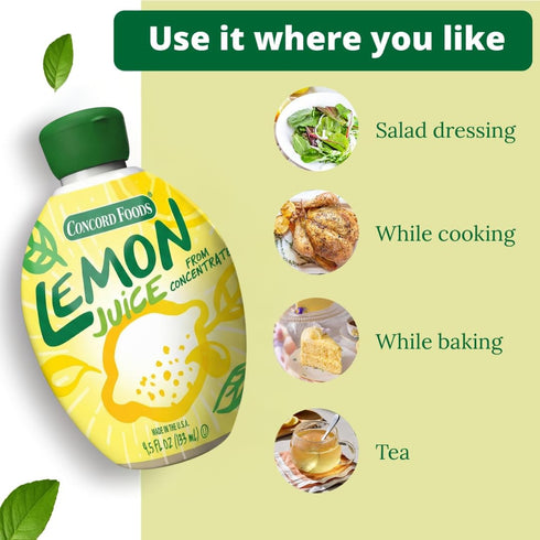 100% 4.5 Oz (Pack 4) Concord Foods Lemon Juice from Concentrate | Lemon Juice for Cocktails, Cooking, Baking