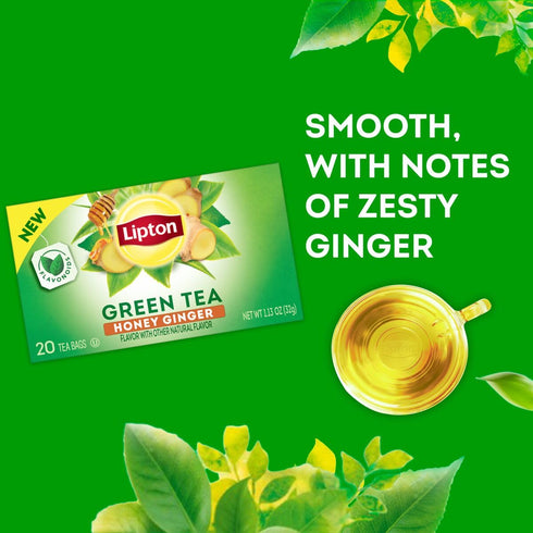 120 (20ct Pack 6) Lipton Honey Ginger Green Tea Bags, Flavored, Unsweetened Teabags for Hot Tea or Iced Tea
