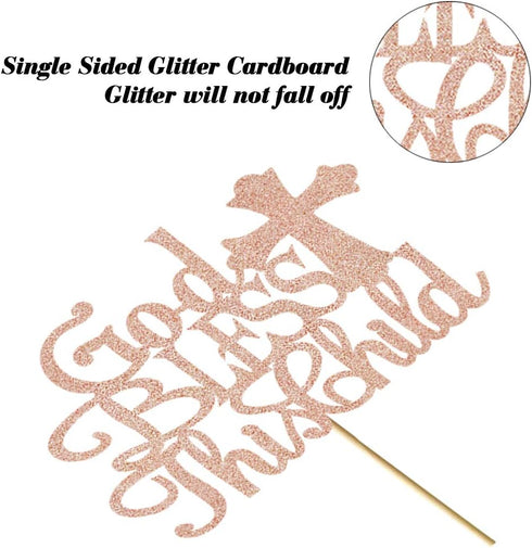 God Bless this Children Cake Topper, Rose Gold Glitter Baptism Cake Toppers for Christening, First Communion Baby Shower