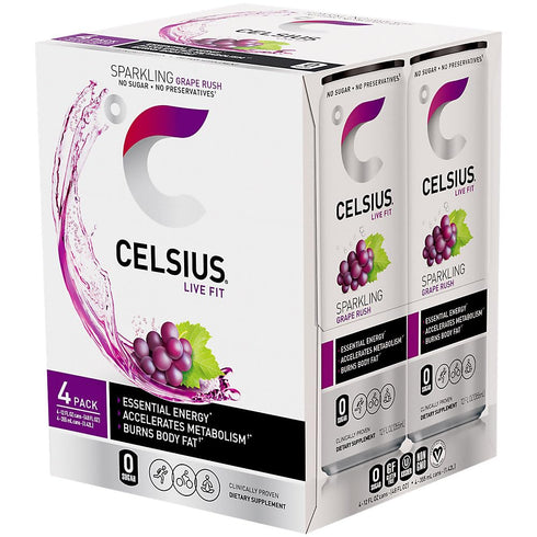 12 Oz (Pack 4) CELSIUS Sparkling Grape Rush, Functional Essential Energy Drink Fl