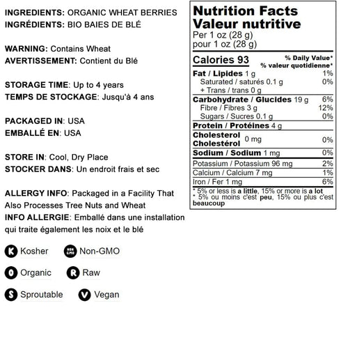 5 Food to Live - Organic Hard Red Wheat Berries, Pounds Non-GMO, Kosher, Raw, Sproutable, Vegan, Sodium and Sugar Free