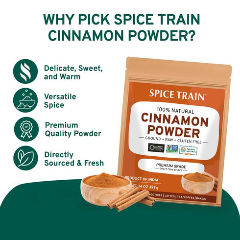 SPICE TRAIN Cinnamon Powder, 397g/14oz, Non-GMO, Gluten Free, Raw, Sourced from South India, Resealable Pouch